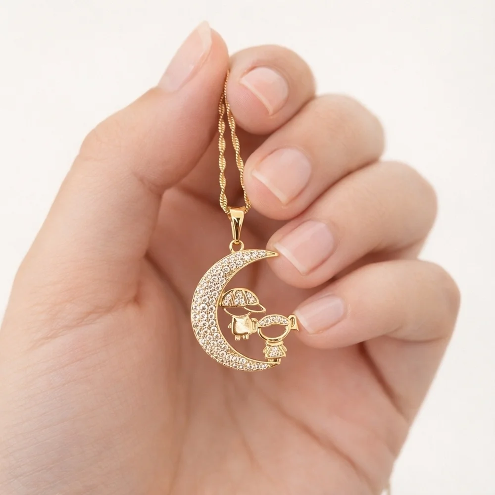 Gold Plated Moon Mom Necklace Boy Girl Pendant 22” Chain CZ Family Love Gift